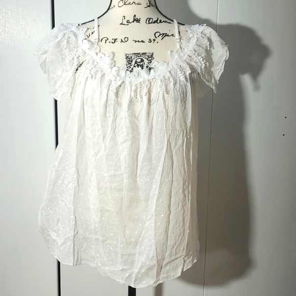 Womens White Swiss dot semi Sheer Crochet Detail Ruffle Off ShoulderTop Sz.Large - Picture 1 of 6